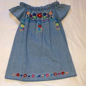 Denim off the shoulder dress with colorful embroidery
